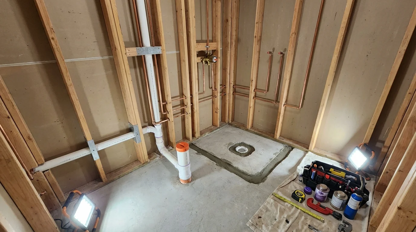 Bathroom rough-in plumbing during remodel by Johns Plumbing LLC in South Elgin