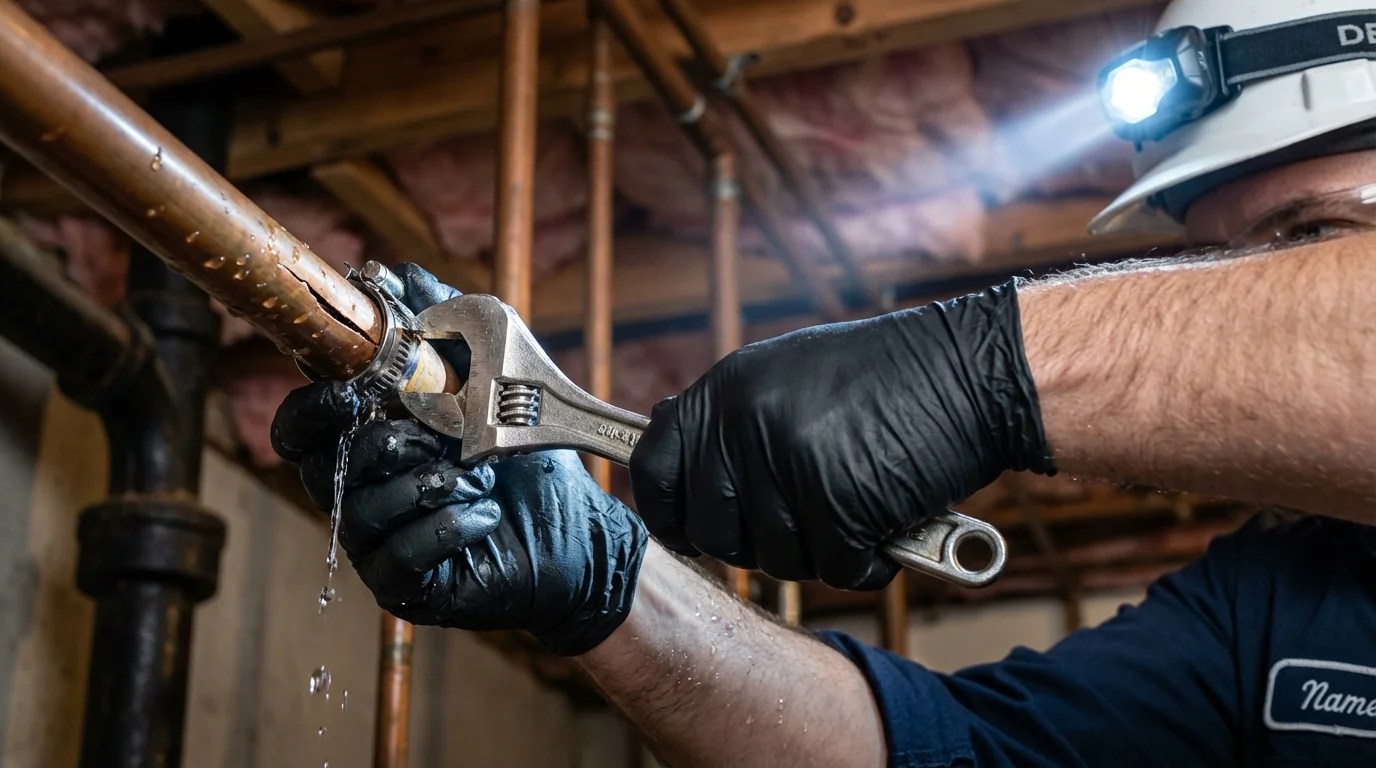 Emergency pipe clamp repair being performed by a Johns Plumbing LLC plumber in South Elgin