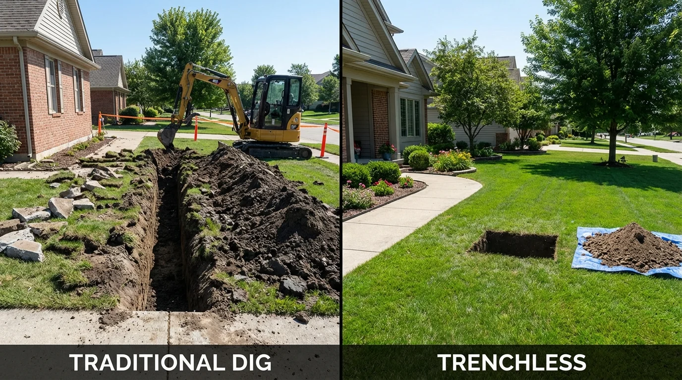 Trenchless sewer repair with minimal yard damage versus traditional excavation in South Elgin, IL
